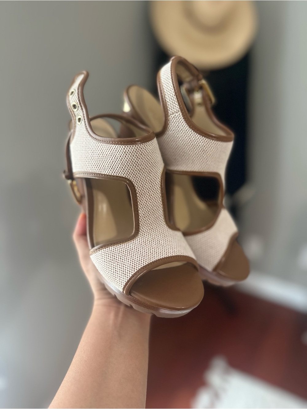 Michael Kors Gillian Wedge Euro Summer Sandals with Cream and Brown Leather Trim